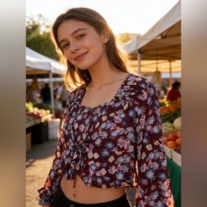 Free People new women’s Floral Tie-Front Crop Blouse - Burgundy size L